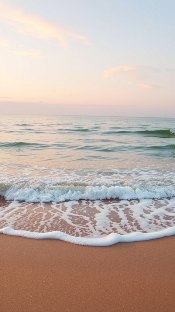 A serene view of gentle ocean waves lapping at a sandy beach during sunset.