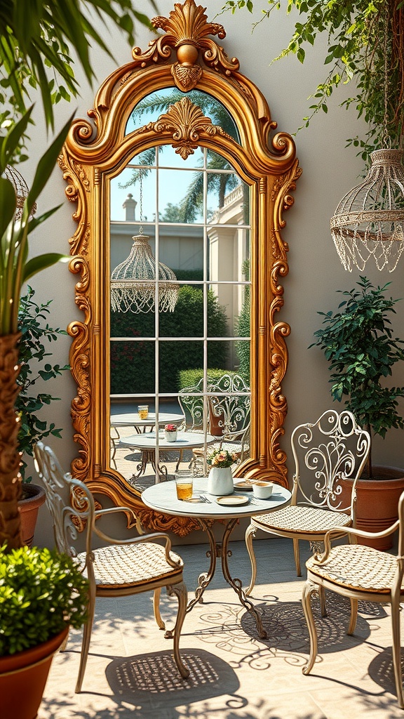 A serene outdoor space featuring a large ornate gold Rococo mirror, a small table with tea, and elegant chairs surrounded by plants.