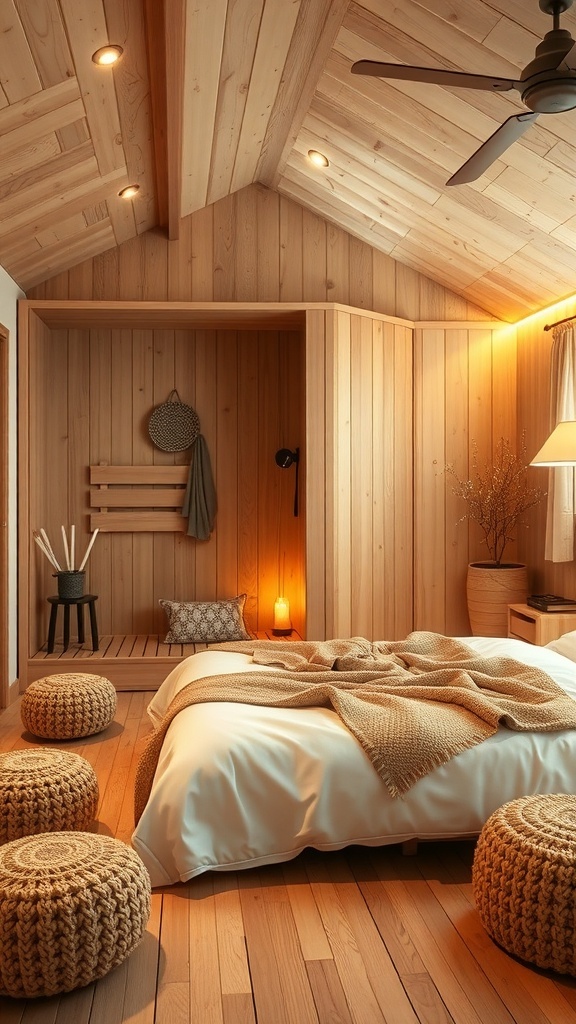 A serene Scandinavian bedroom featuring wood paneling, a cozy bed with white linens, and large windows overlooking nature.