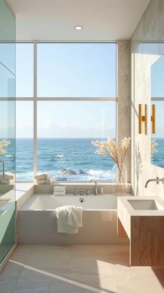 A serene spa bathroom with a large window overlooking the ocean, featuring a modern bathtub and elegant decor.