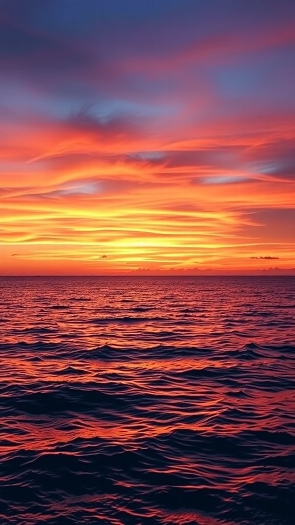 A serene sunset over the ocean with vibrant colors in the sky and calm waves.