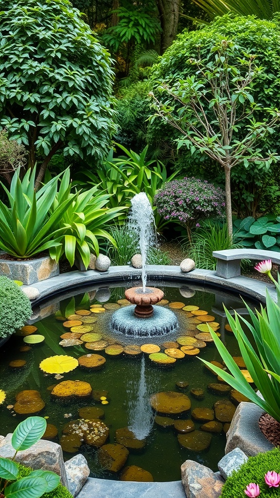 A serene garden pond with a fountain, surrounded by lush greenery and lily pads.