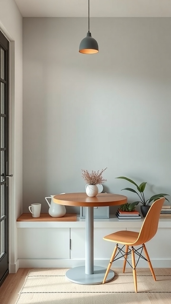 A serene coffee nook featuring a round table, a stylish chair, and soft lighting.