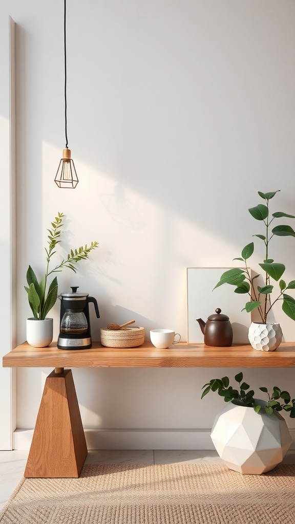 A serene coffee space featuring a wooden table, coffee maker, teapot, plants, and soft lighting.