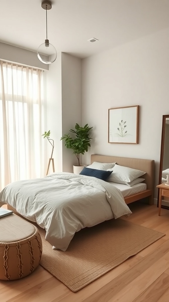 A serene bedroom with a neutral color palette, featuring a bed, a potted plant, and natural light.