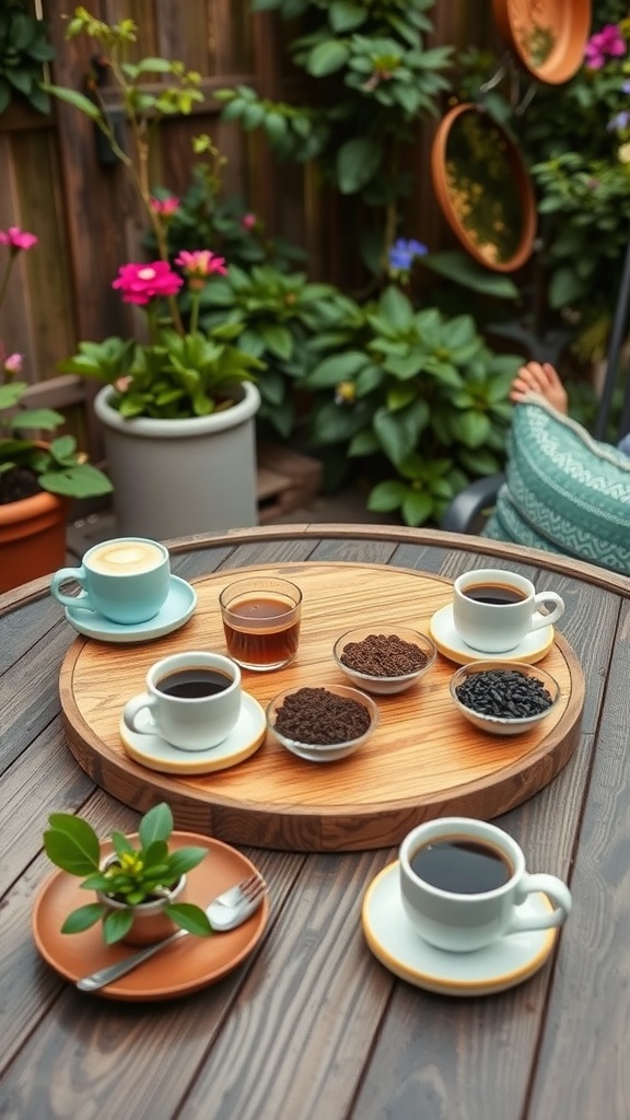 A cozy outdoor coffee tasting station with various coffee cups and bowls of coffee grounds, surrounded by flowers.