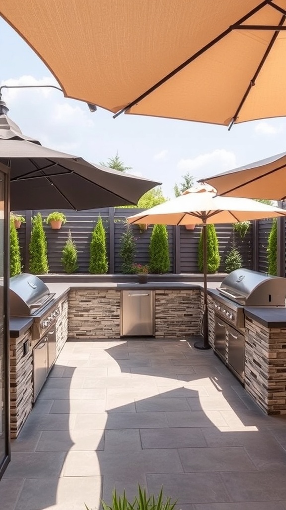 A stylish outdoor grill corner with large umbrellas providing shade, surrounded by greenery.