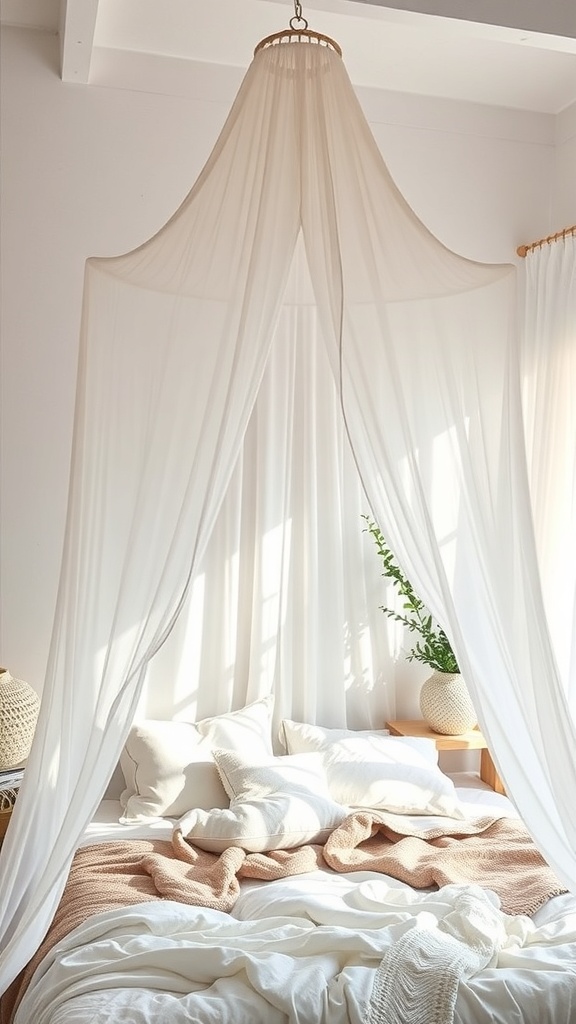 A cozy bedroom with sheer fabric draping over the bed, creating a soft and inviting atmosphere.