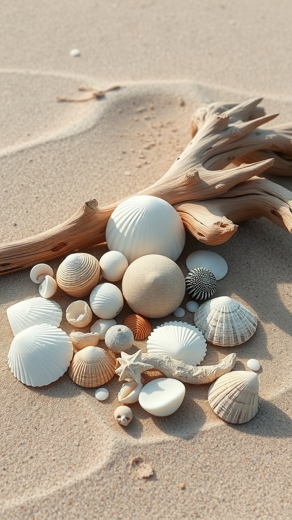 A collection of shells and driftwood on sandy beach