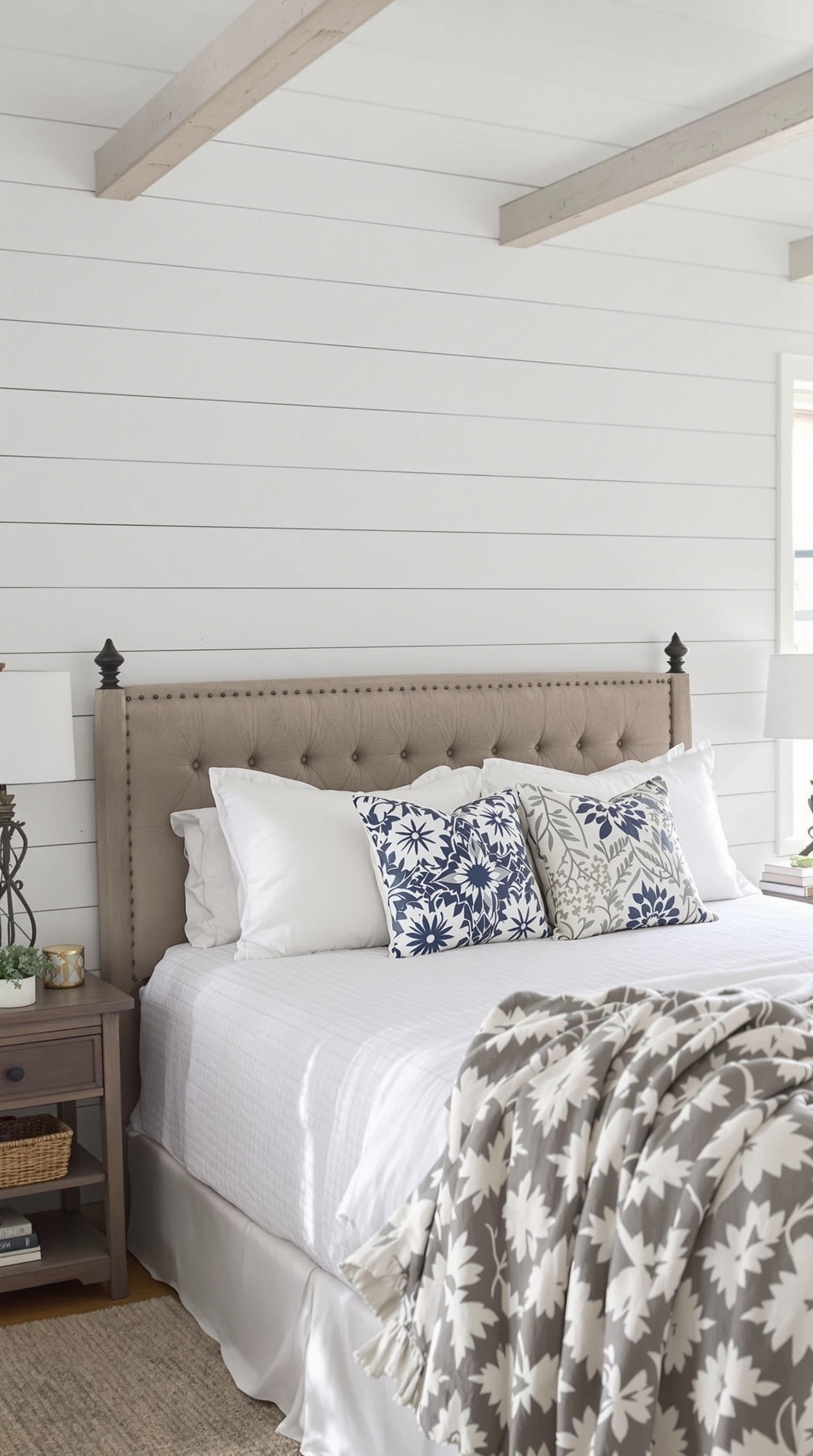 Modern farmhouse bedroom interior with shiplap wall treatment, large windows, and cozy bed