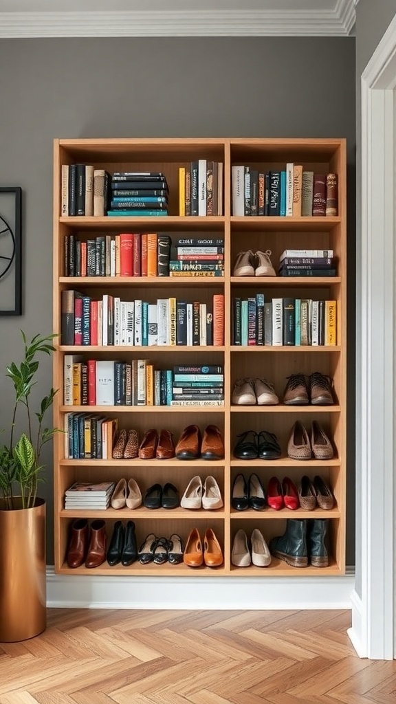 A wooden bookshelf with books on the top shelves and a variety of shoes on the bottom shelves.