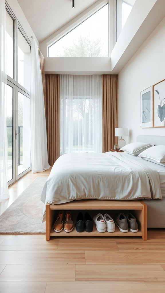 A stylish bedroom featuring a bed with a wooden shoe rack underneath, displaying various pairs of shoes.