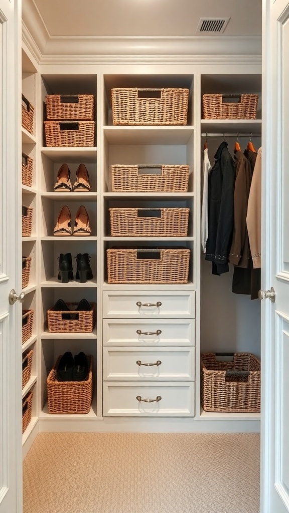 A well-organized walk-in closet with decorative baskets and shoes on display.