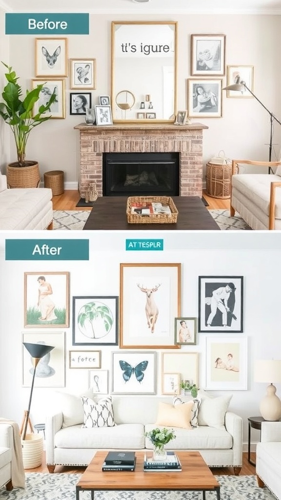 Before and after image of a living room makeover showcasing art and personal touches.