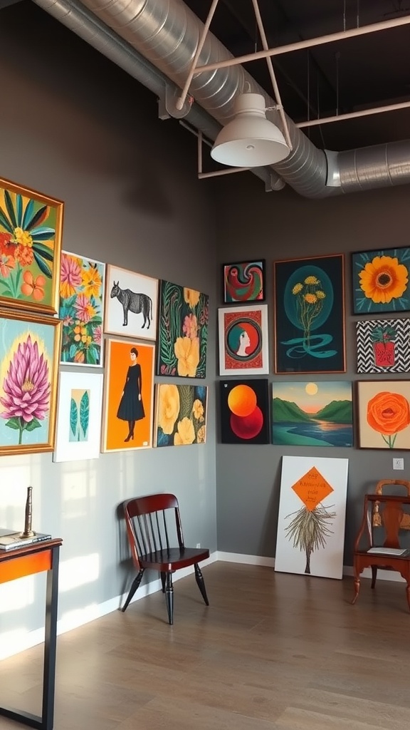 A gallery wall featuring colorful artwork by local artists, showcasing various styles and themes.