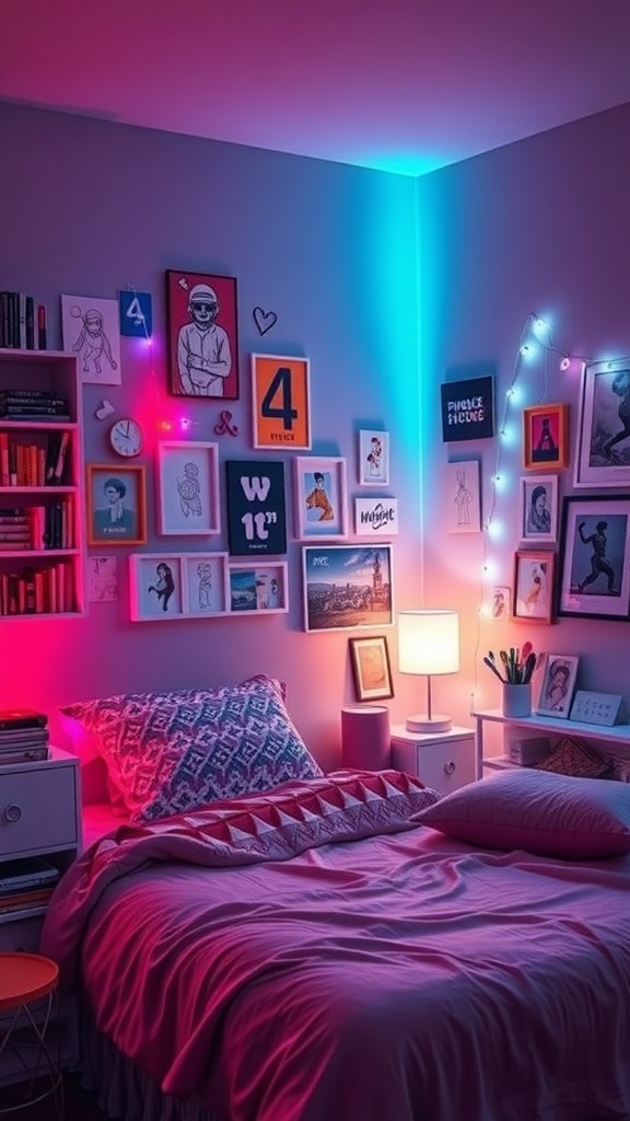 Aesthetic teen girl bedroom with colorful decor and personal touches.