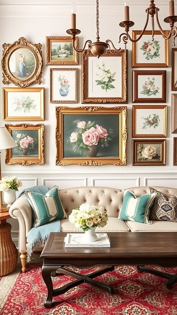 A cozy living room featuring a gallery wall of Rococo artwork, a beige sofa with decorative pillows, and a wooden coffee table.