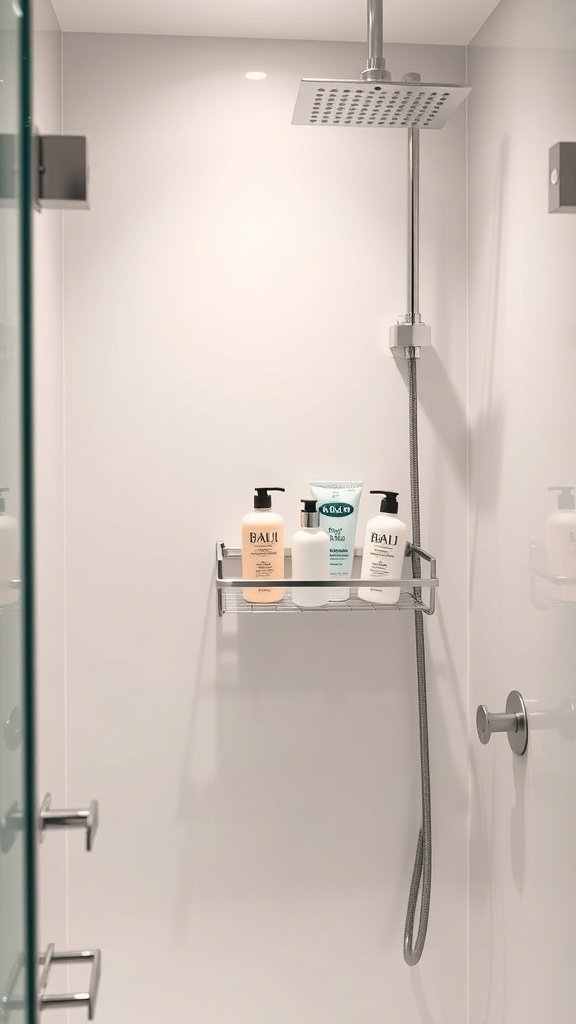 A sleek metal shower caddy holding shampoo and body wash in a modern shower.