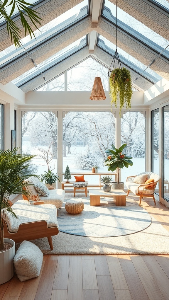 Heller Wintergarten mit großen Fenstern, gemütlichen Möbeln und Pflanzen, ideal für Familien