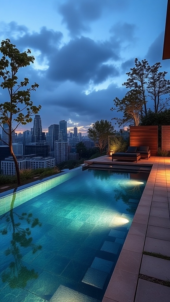 Ein moderner Naturpool mit Blick auf die Stadt, in dem Menschen schwimmen und entspannen.