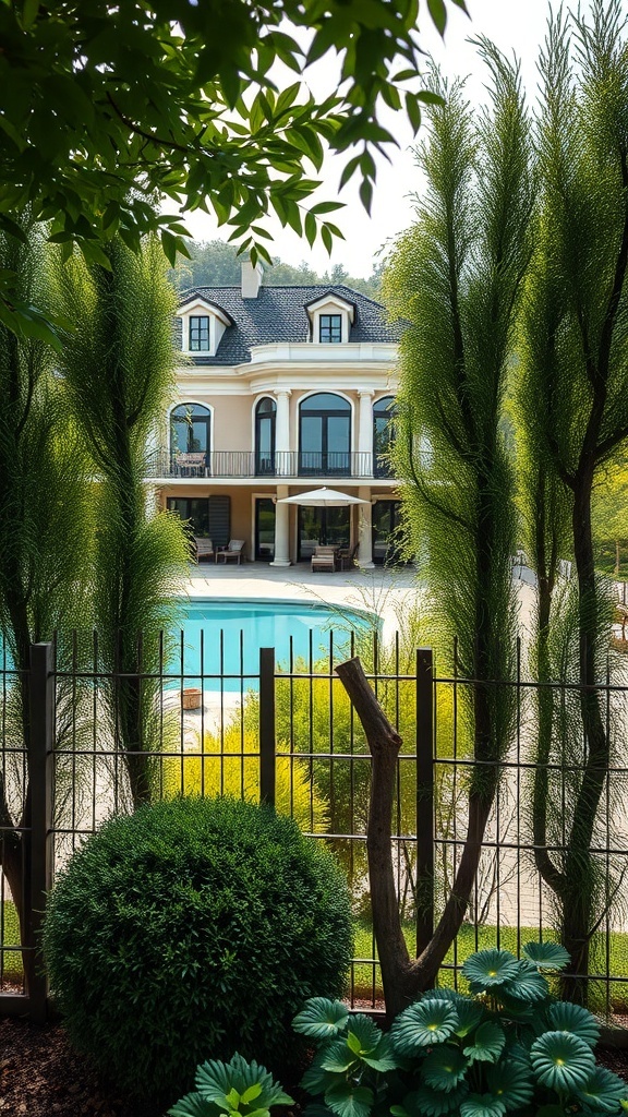 Ein Garten mit hohen Pflanzen als Sichtschutz und einem Pool im Hintergrund.