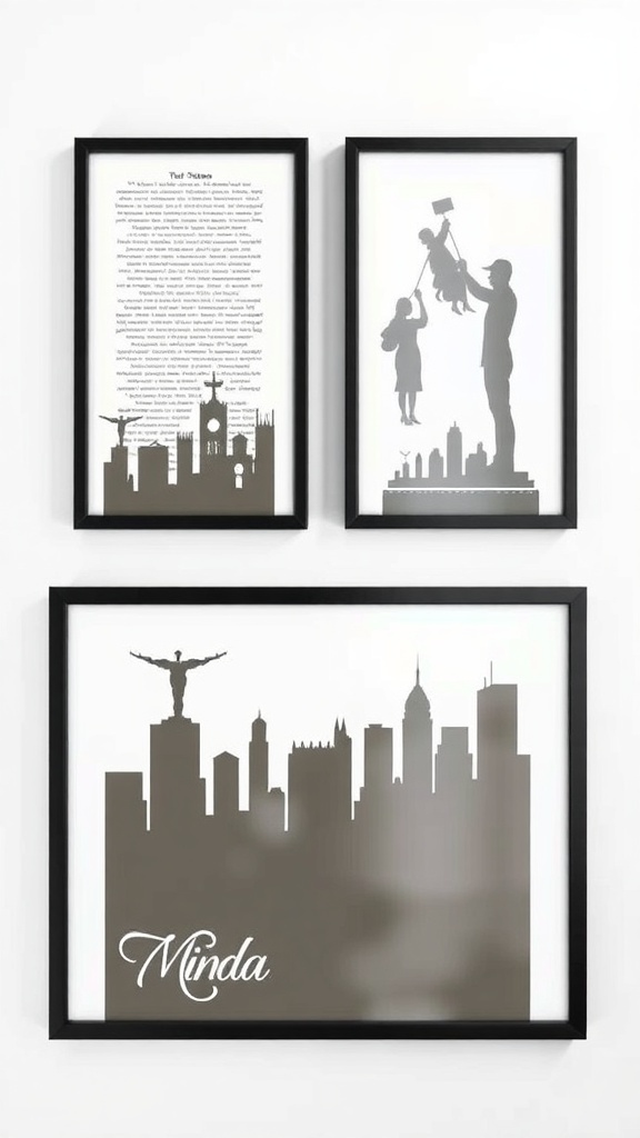 Three framed silhouette art pieces featuring figures and cityscapes.