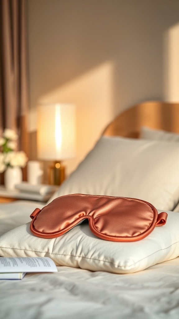A silk eye mask resting on a pillow in a cozy bedroom setting