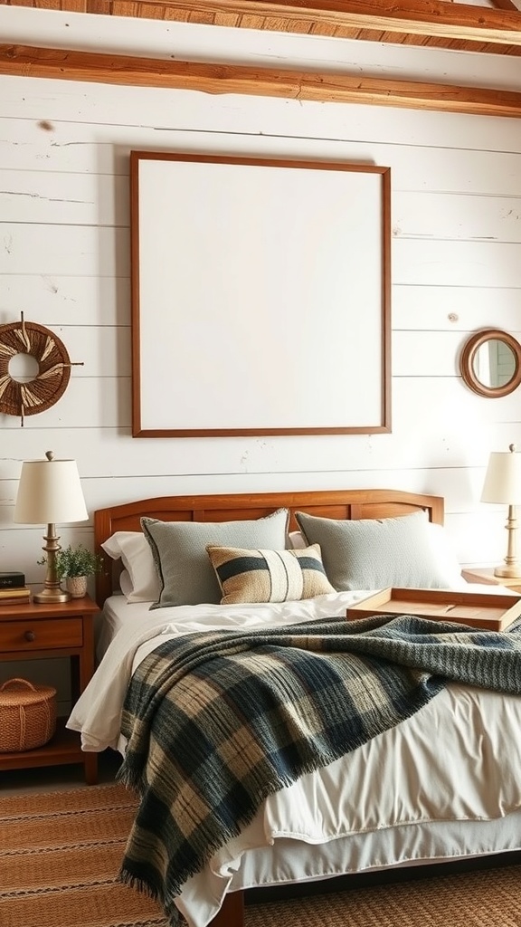 Minimalist farmhouse bedroom with a blank canvas artwork and rustic decor.