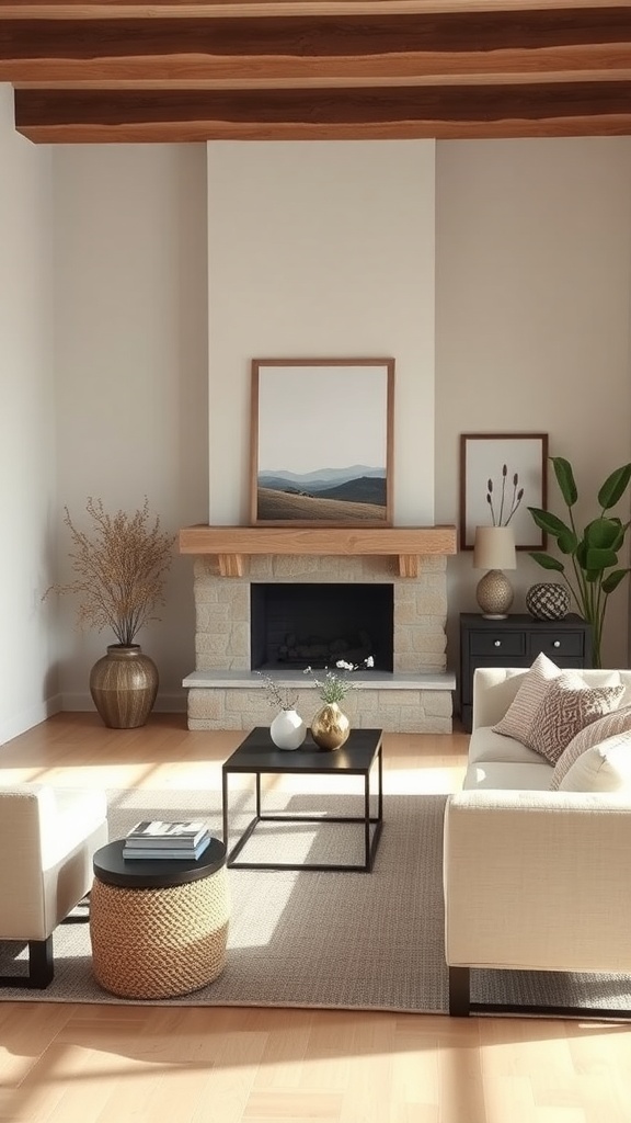 A minimalist rustic living room featuring a stone fireplace, wooden beams, and simple artwork above the mantel.