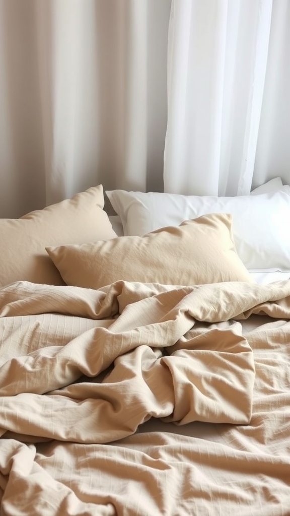 A minimalist Japanese bedroom featuring soft beige bedding, wooden bed frame, and light curtains.
