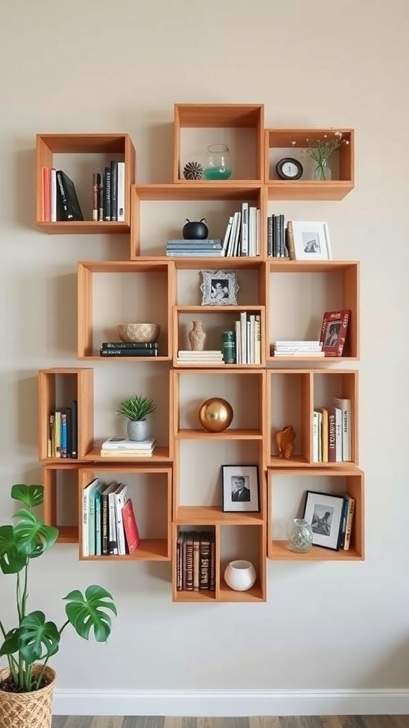 Creative arrangement of cube shelves displaying books and decorative items