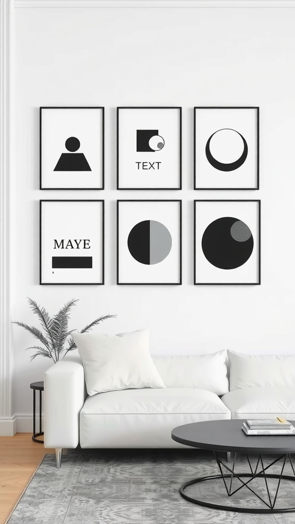 A collection of black and white geometric prints arranged in a gallery style on a wall above a white sofa.