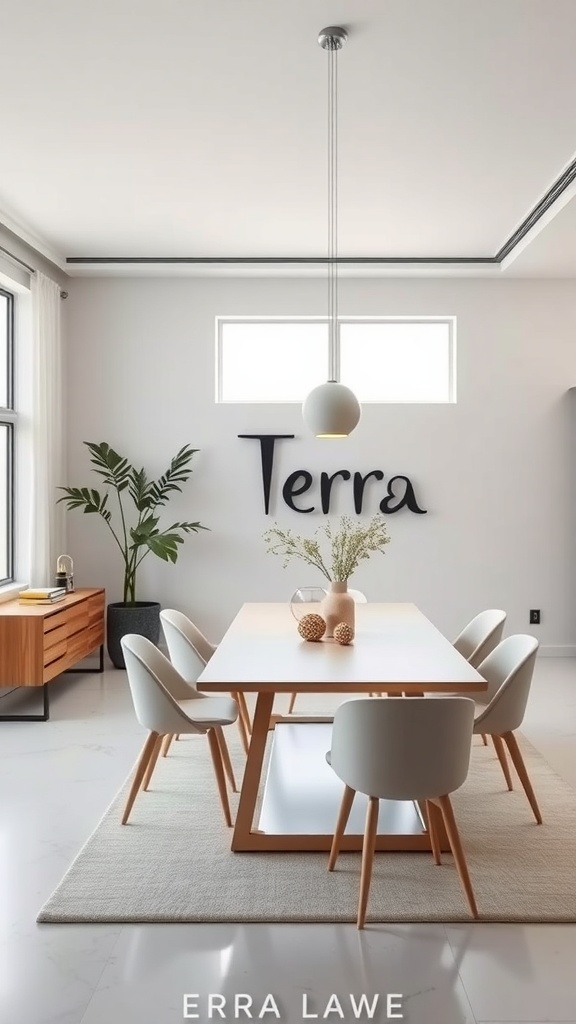 A minimalist dining area featuring a white table, light gray chairs, and a plant, with the word 'Terra' on the wall.