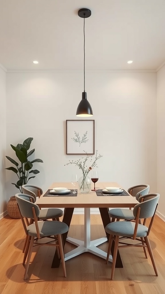 A minimalist dining area with a sleek pendant light above a wooden table surrounded by chairs.