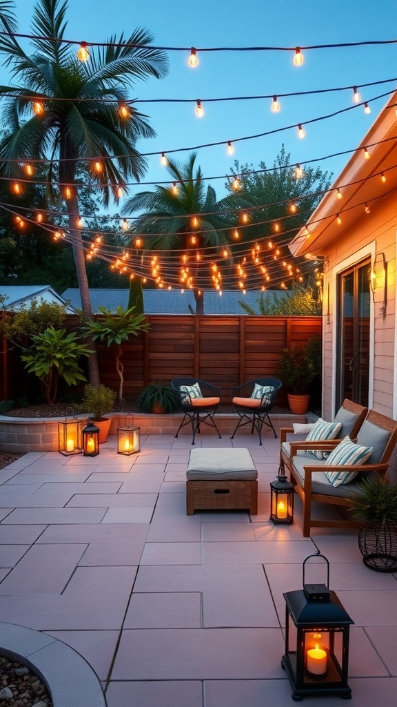 A minimalist patio with string lights overhead and lanterns on the ground, creating a cozy outdoor atmosphere.