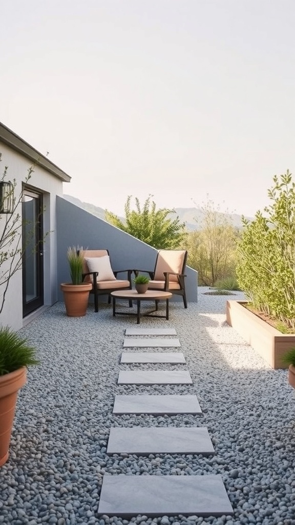 A minimalist patio with stone pathways leading to a seating area surrounded by gravel and plants.