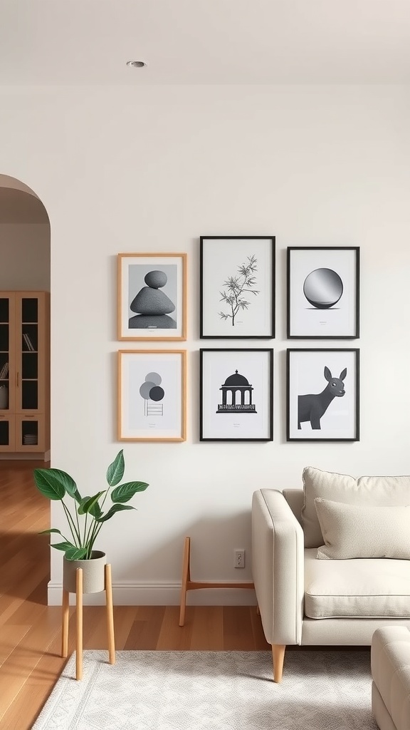 A minimalist wall art display featuring framed prints in a modern living room.