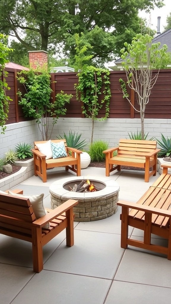 A minimalist patio featuring simple wooden benches around a fire pit, surrounded by greenery.