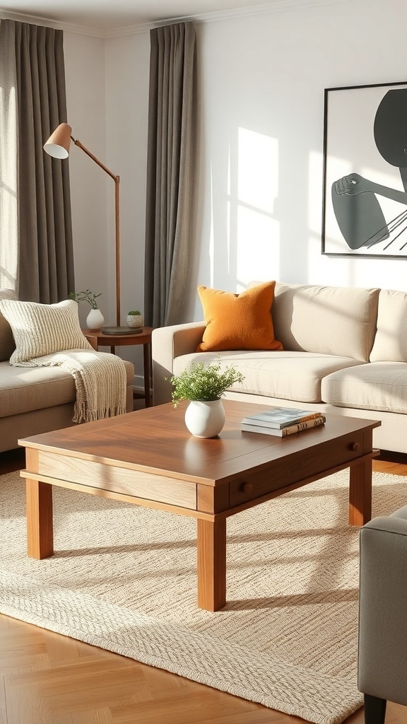 A simple wooden coffee table in a cozy living room setting.