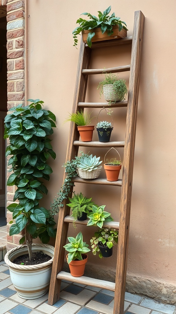 A simple wooden ladder with plants on it, showcasing a rustic design.