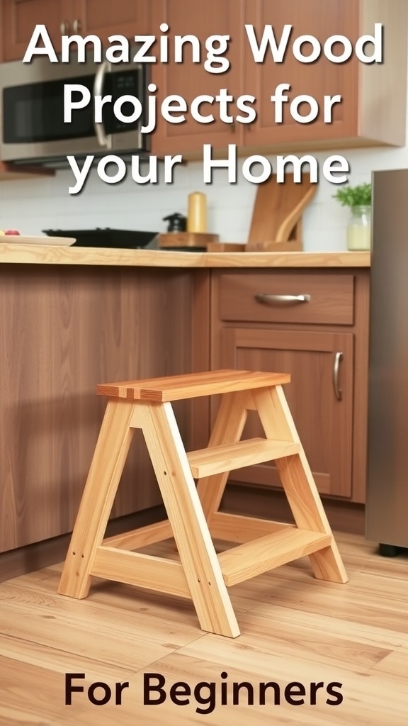 A simple wooden step stool in a kitchen setting.