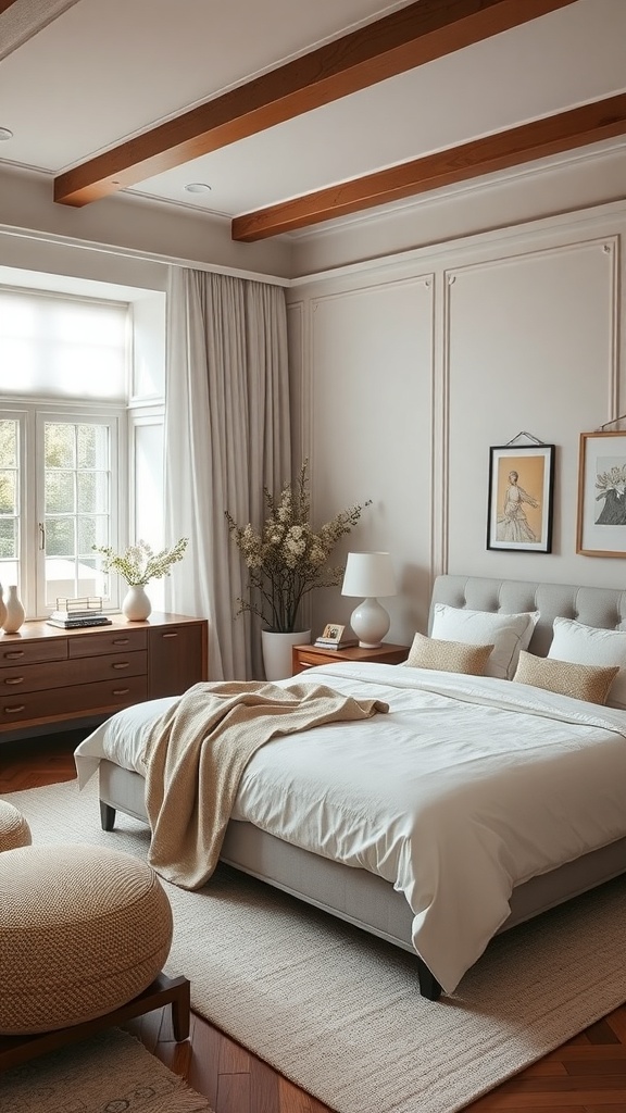 A minimalist Japandi bedroom featuring a cozy bed, wooden furniture, and soft decor.
