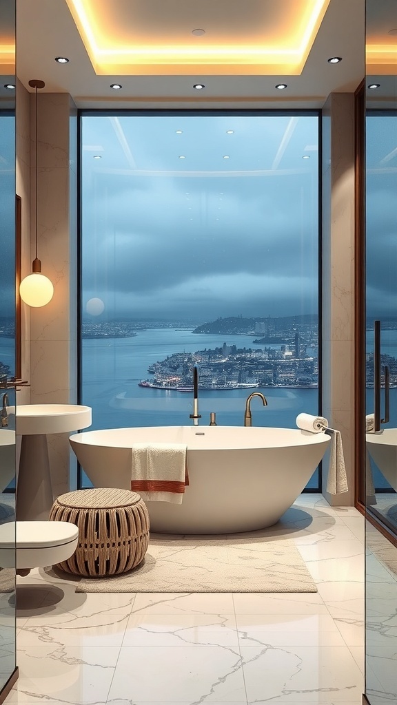Modernes Spa-Badezimmer mit sandfarbenen Fliesen, freistehender Badewanne und geflochtenen Poufs