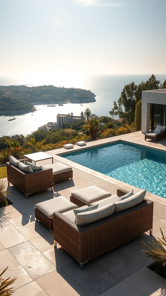 Gemütliche Rattansitzgelegenheiten rund um einen Pool mit Blick auf das Wasser und die Landschaft.