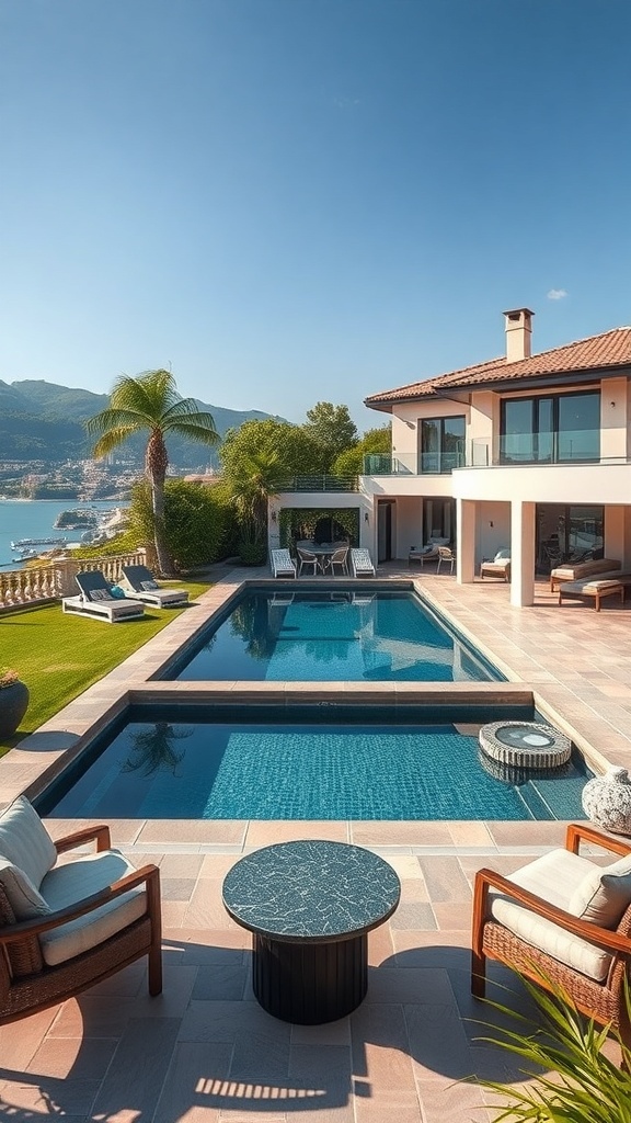 Sitzgelegenheiten rund um einen Naturpool mit Blick auf die Landschaft