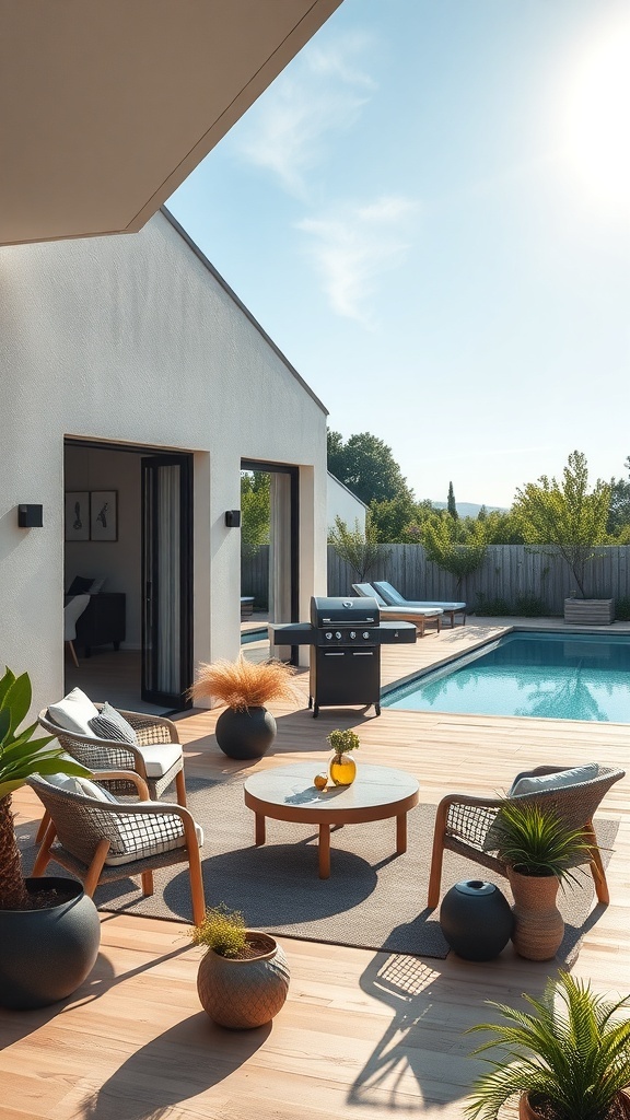 Eine moderne Terrasse mit skandinavischen Möbeln, einem Pool und Pflanzen.