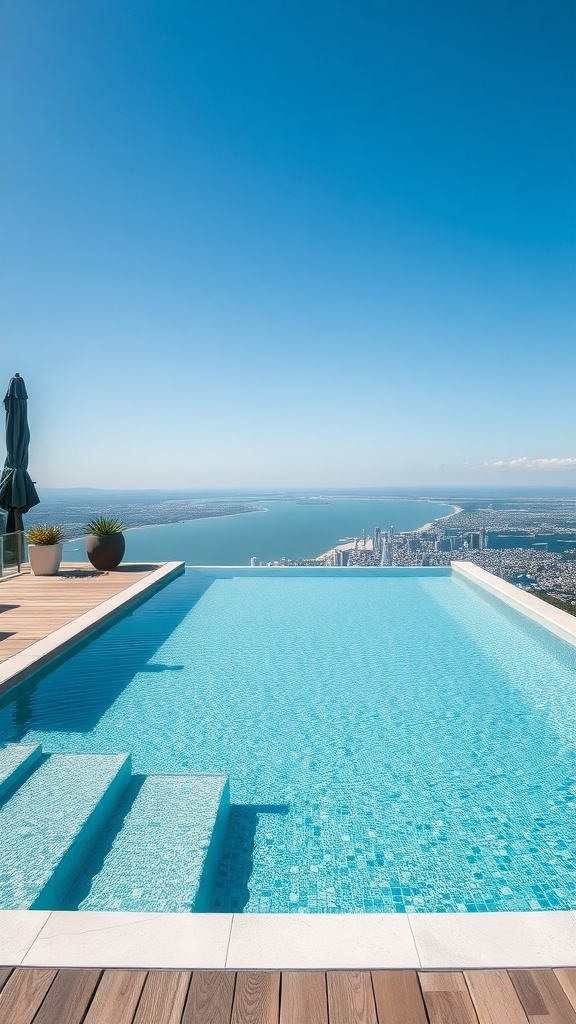 Ein eleganter Naturstein-Pool mit Blick auf die Stadt und das Wasser, umgeben von Pflanzen und einem Sonnenschirm.
