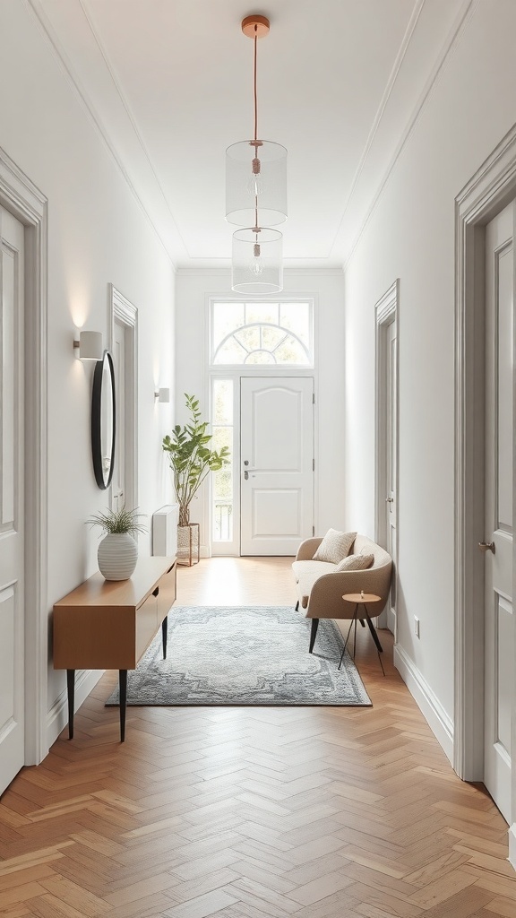 Skandinavischer Flur mit klaren Linien, helle Wände, Holzfußboden, elegantes Sideboard, Pendelleuchte