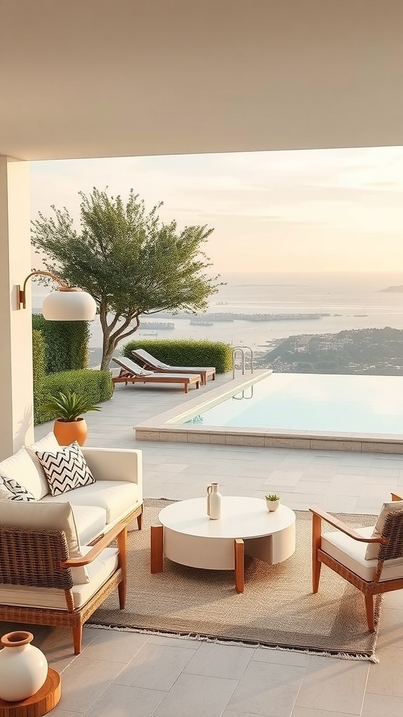 Gemütliche skandinavische Lounge im Garten mit Pool und Pflanzen