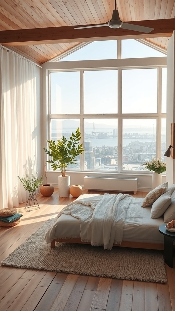 Helles Schlafzimmer im skandinavischen Stil mit großen Fenstern und Holzdecke